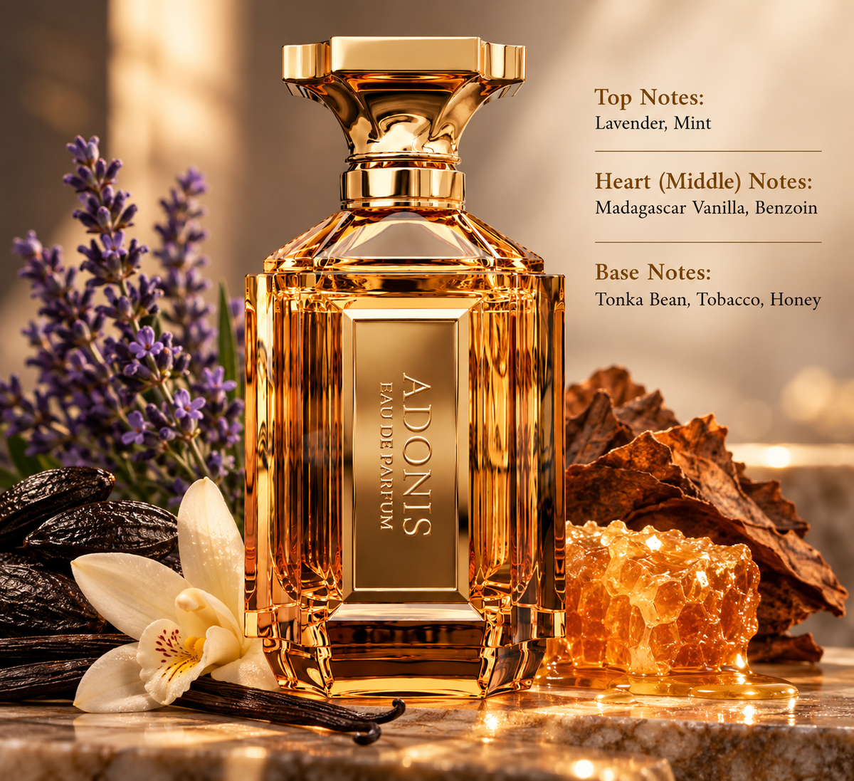 Adonis Eau de Parfum presented in a rich, warm composition with lavender, Madagascar vanilla, benzoin, tonka bean, tobacco and honey, highlighting its aromatic, sweet and sophisticated character.