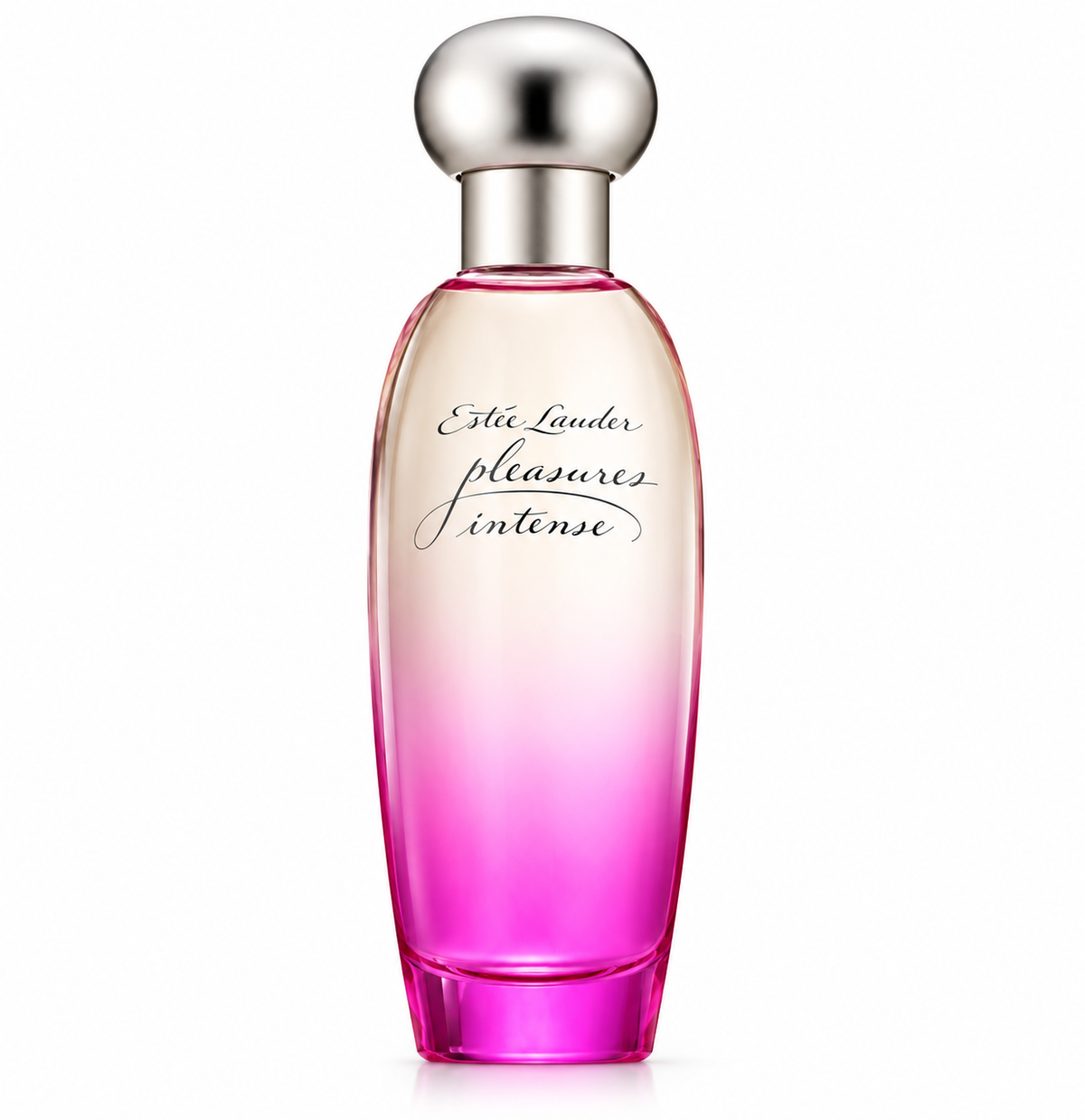 Estée Lauder Pleasures Intense perfume for women, elegant pink gradient glass bottle with a rounded silver cap and signature lettering, photographed on a clean white background, luxury floral fragrance.