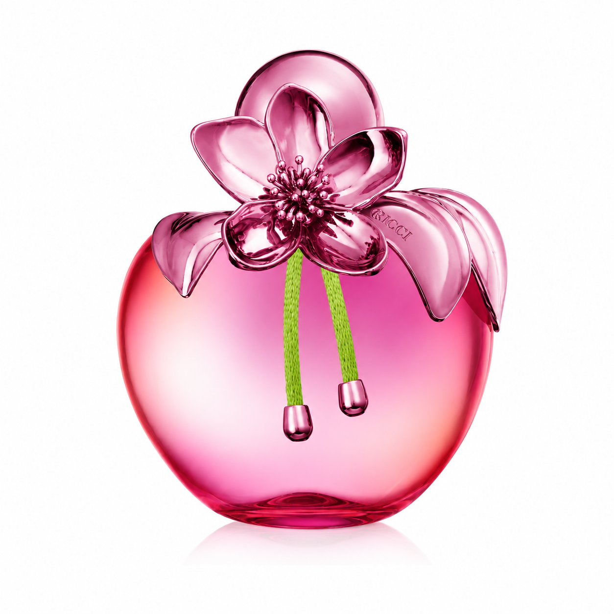 Nina Ricci Nina Rouge Crush Eau de Toilette in a vibrant pink apple-shaped bottle with a glossy floral cap and green ribbon detailing, photographed on a clean white background.