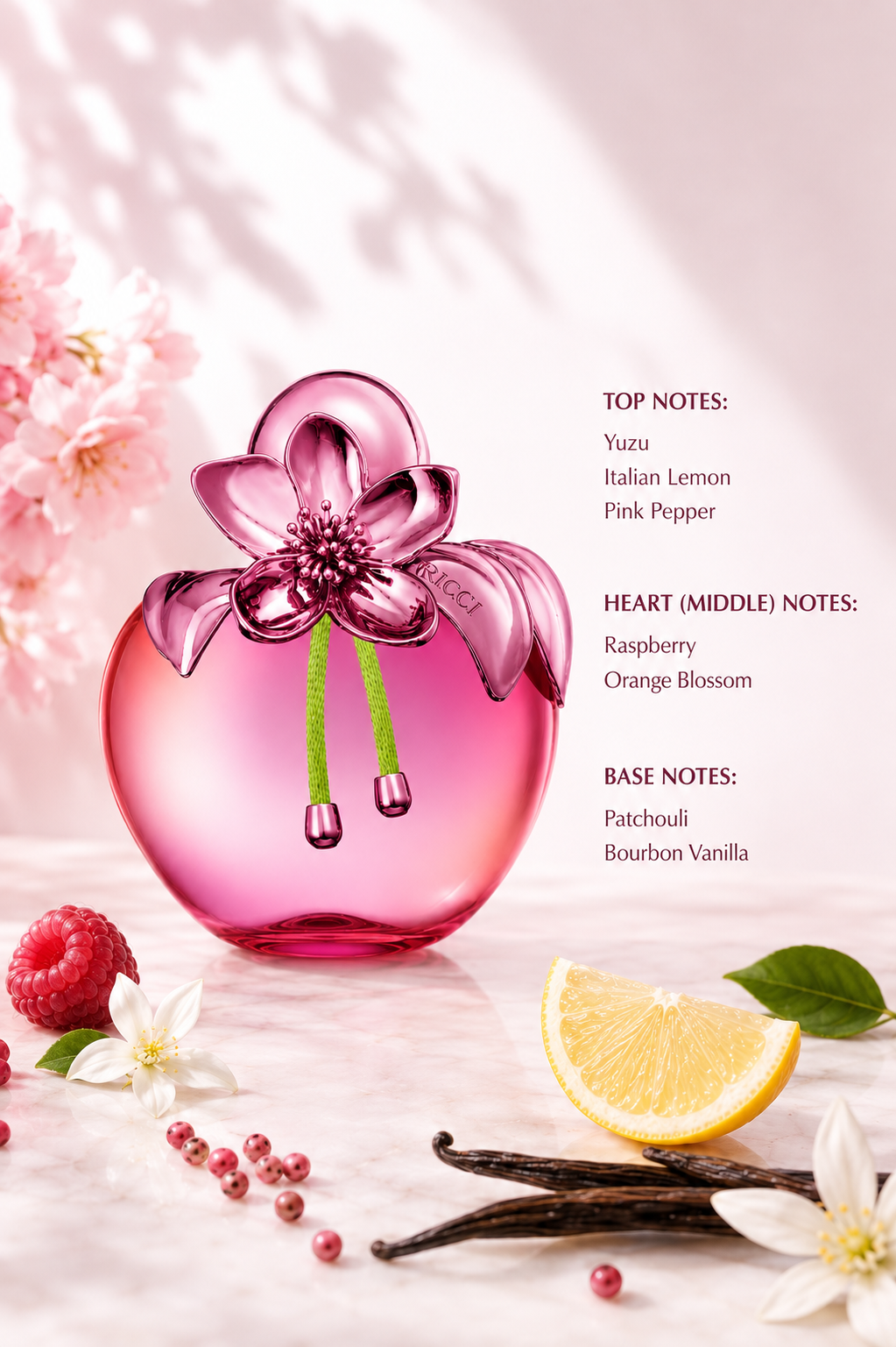 Nina Ricci Nina Rouge Crush Eau de Toilette displayed with raspberry, lemon, orange blossom, pink pepper and vanilla elements, highlighting its fruity, citrusy, floral and sweet fragrance character.