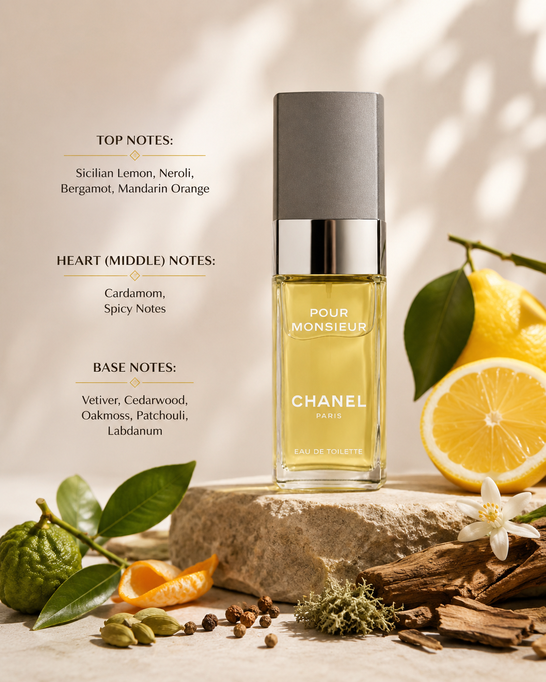 hanel Pour Monsieur Eau de Toilette as the hero of a refined Mediterranean citrus-and-woods fragrance composition. Preserve the exact tall clear-glass bottle, golden-yellow liquid, silver collar, textured grey cap, proportions and original white branding. Position the bottle upright on a warm natural limestone pedestal against a softly illuminated cream plaster background, with elegant afternoon sunlight and botanical shadows. Surround it naturally with Sicilian lemon, bergamot and mandarin peel .