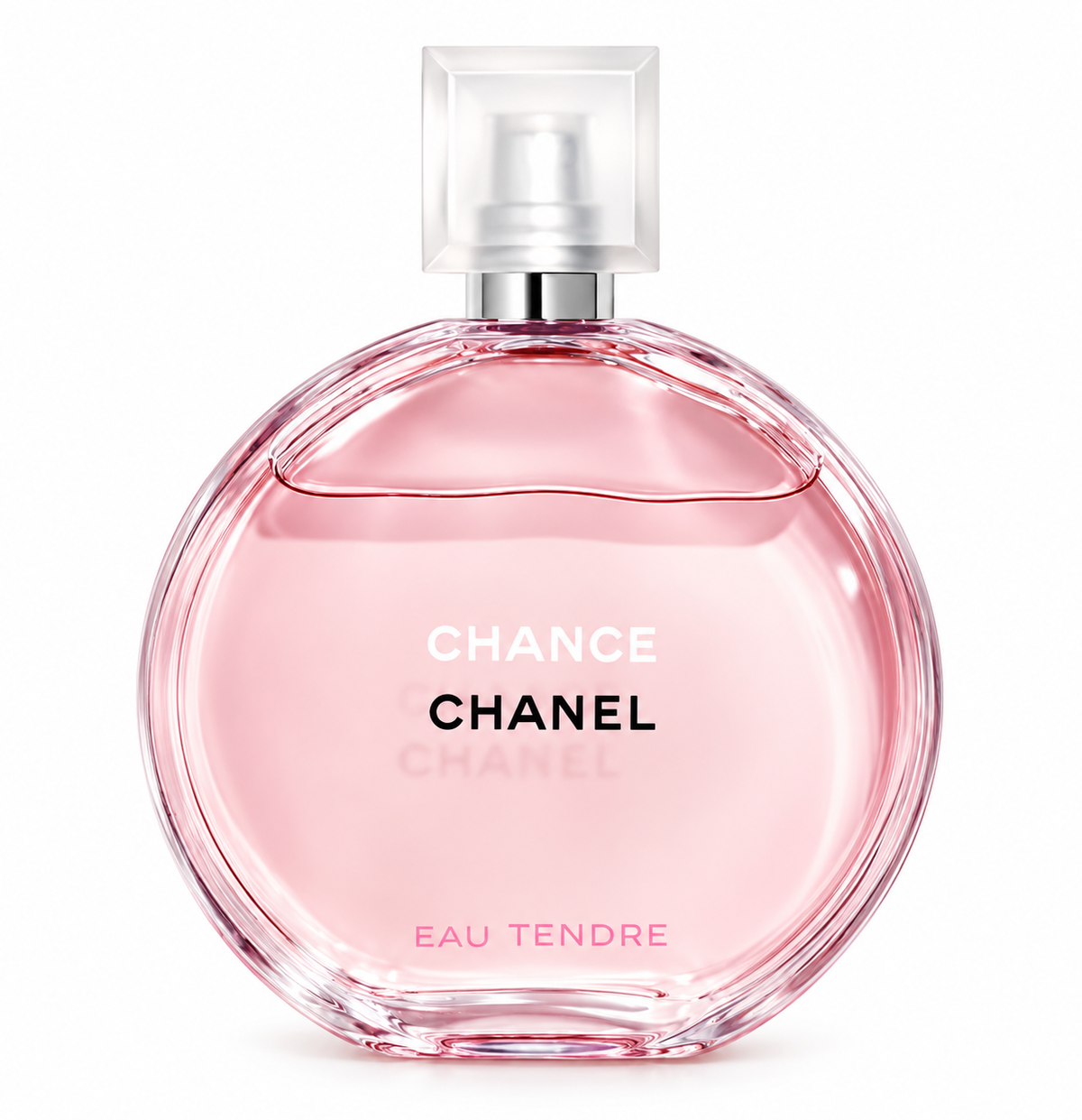 Chanel Chance Eau Tendre women's fragrance in an elegant round transparent glass bottle filled with delicate pink perfume, featuring a frosted square cap and iconic Chanel lettering. A luxurious floral fruity perfume presented against a clean white background.