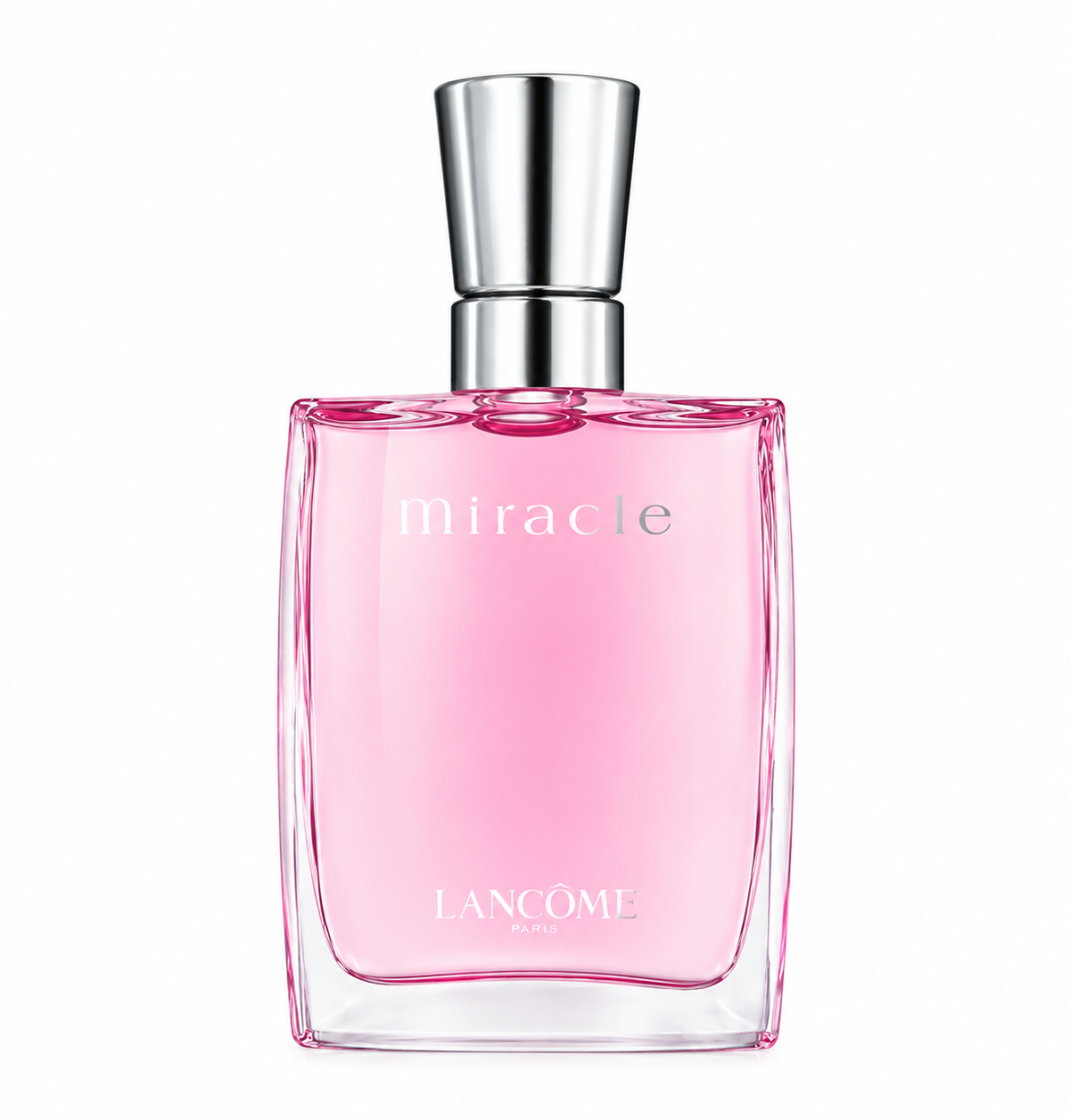 Lancôme Miracle Eau de Parfum for Women in an elegant rectangular transparent glass bottle filled with soft pink perfume, featuring a polished silver cap and delicate Miracle and Lancôme Paris lettering, photographed front-facing against a clean white background.