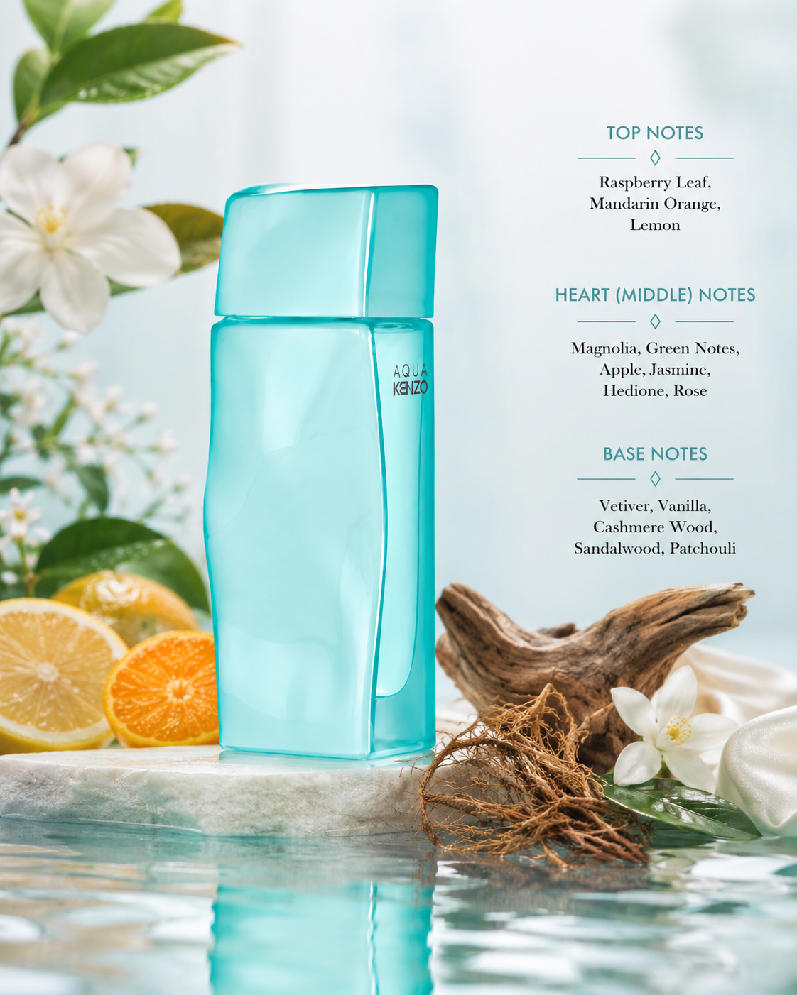 Kenzo Aqua Kenzo pour Femme fragrance bottle, front-facing and centered on a pure white background. Preserve the exact tall asymmetric rectangular bottle from the reference image, translucent aqua-turquoise glass, matching sculptural turquoise cap, softly curved side profile, glossy finish, and exact AQUA KENZO branding positioned on the upper-right side of the bottle.