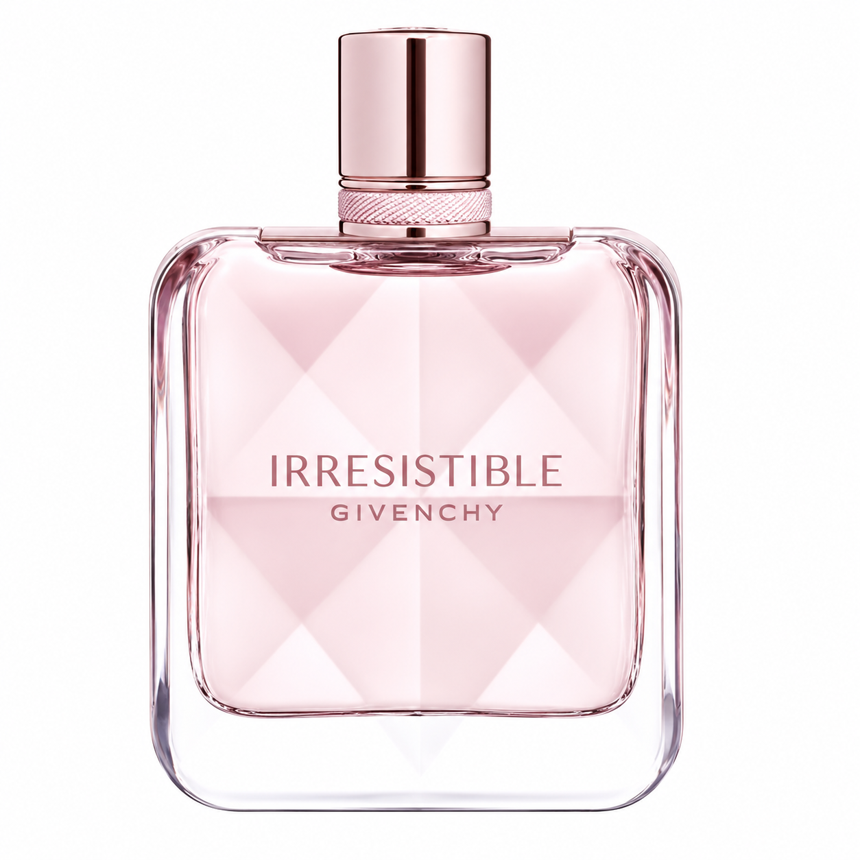 Givenchy Irresistible 80ml Eau de Toilette for Women in a soft blush pink faceted glass bottle with a rose gold cap, isolated on a pure white background.
