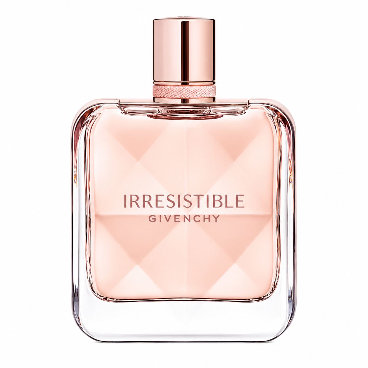 Givenchy Irresistible 80ml Eau de Parfum for Women in a blush pink faceted glass bottle with a rose gold cap, isolated on a pure white background.