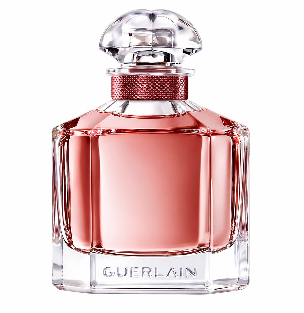 Guerlain Mon Guerlain Bloom of Rose Eau de Parfum, a clear glass bottle with a pink liquid and a clear cap