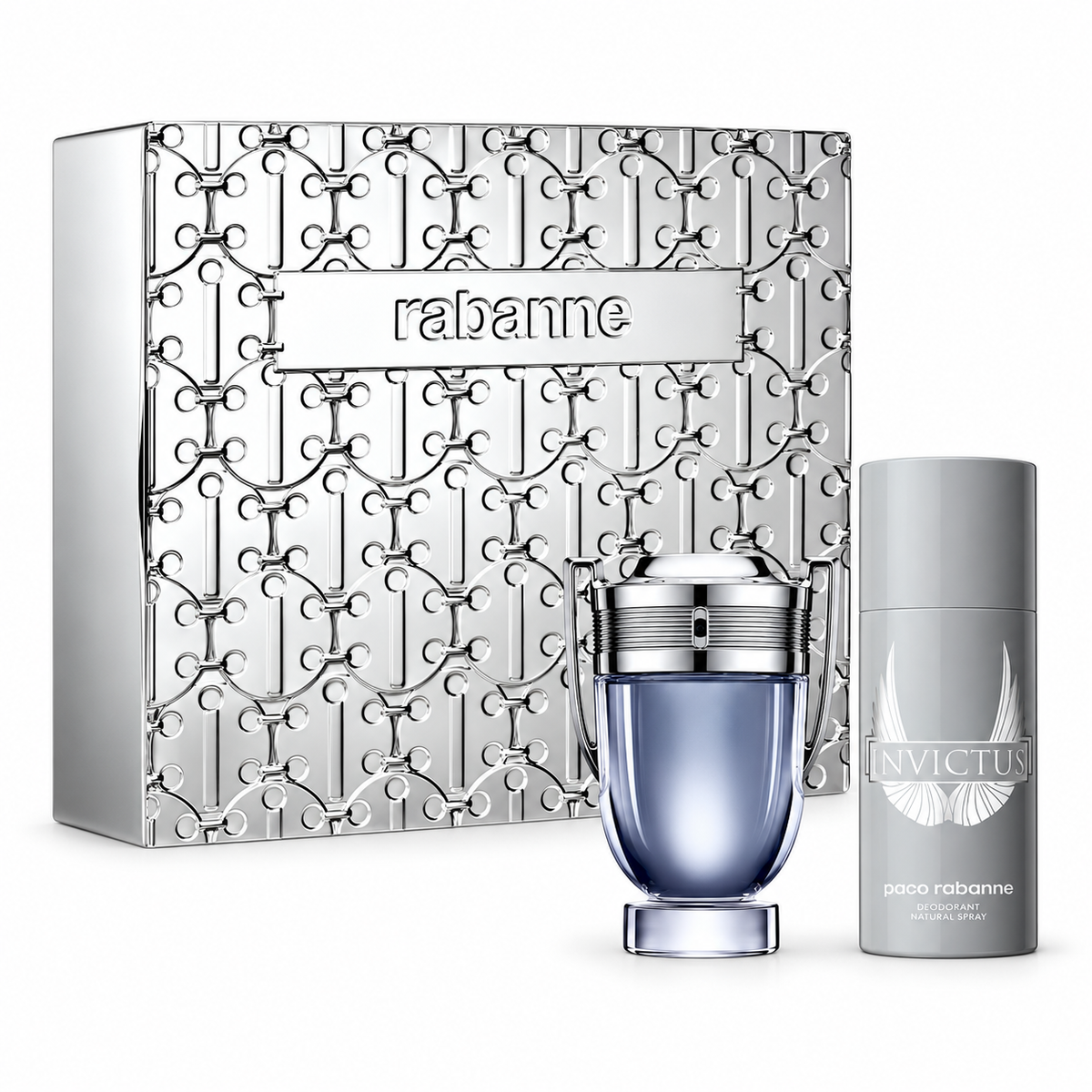 Paco Rabanne Invictus men's fragrance gift set featuring a silver patterned Rabanne gift box, the iconic trophy-shaped perfume bottle with blue-grey glass and silver detailing, and a matching Invictus deodorant natural spray. Luxury men's fragrance gift set photographed on a pure white background.