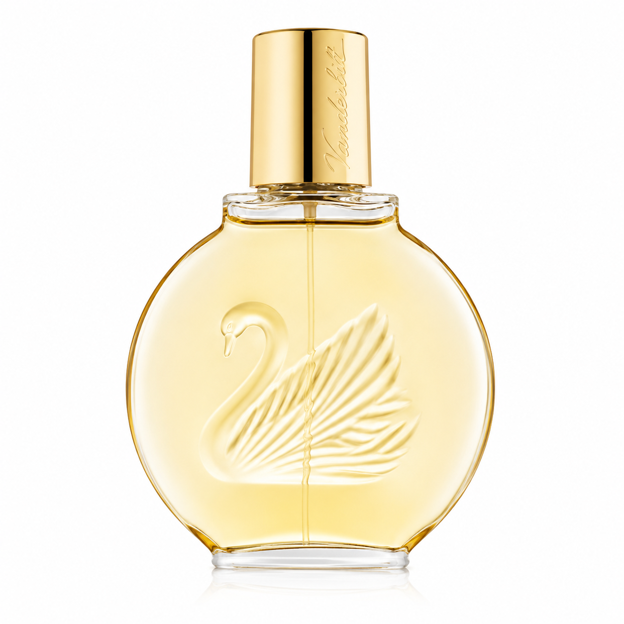 Yardley English Lavender Eau de Toilette bottle isolated on a white background, featuring a round transparent glass bottle filled with golden fragrance, an elegant embossed swan design, and a gold cap engraved with the Yardley logo, showcasing its timeless and classic appearance.