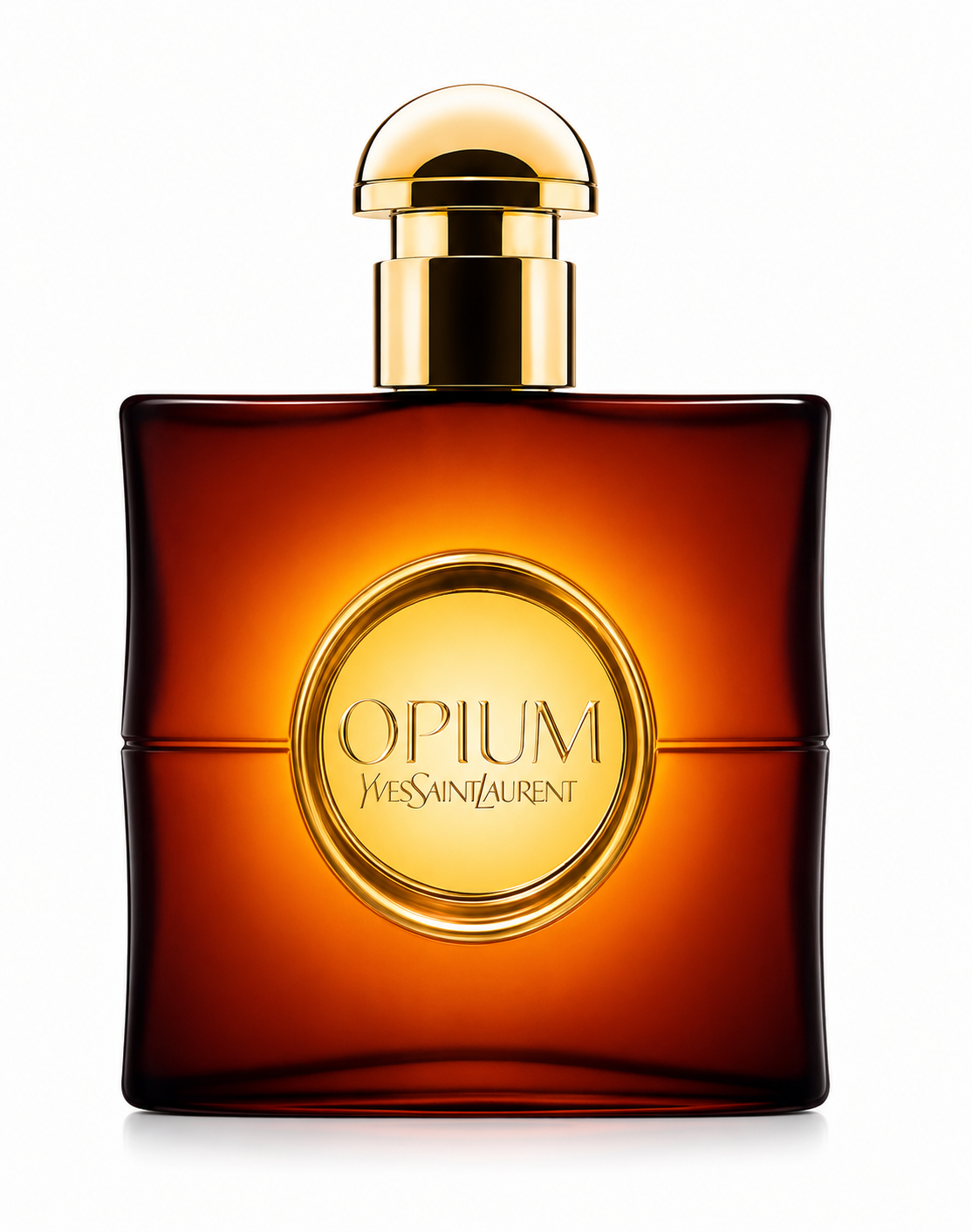 Yves Saint Laurent Opium Eau de Toilette bottle isolated on a white background, featuring an amber-brown rounded rectangular glass bottle with a luminous gold circular center, topped with a polished gold cap, reflecting the fragrance's warm, timeless, and elegant character.