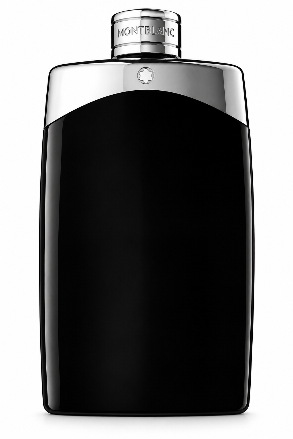 Montblanc Legend men’s fragrance in the iconic glossy black bottle with polished silver detailing, Montblanc emblem and engraved cap, photographed on a clean white background.