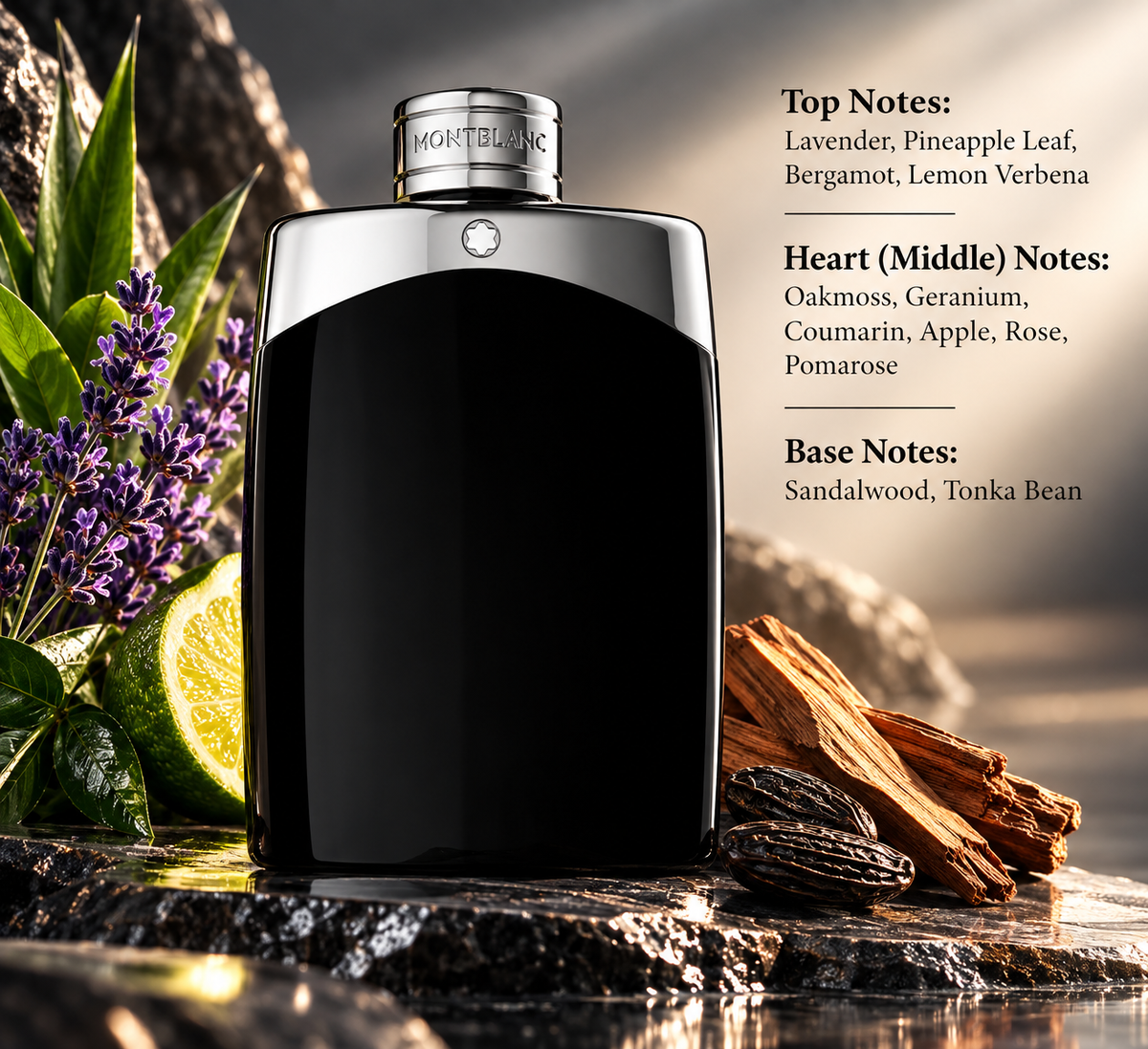 Montblanc Legend men’s fragrance presented with lavender, citrus, green leaves, sandalwood and tonka bean accents, highlighting its fresh aromatic, woody and sophisticated masculine scent profile.