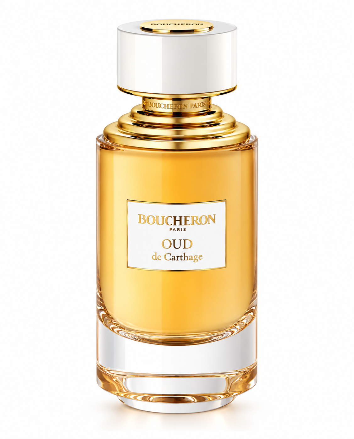 Boucheron Oud de Carthage perfume bottle with warm amber liquid, white cap and luxurious gold detailing, photographed on a clean white background.