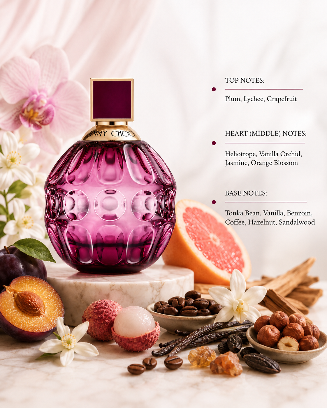 Jimmy Choo Fever 100ml Eau de Parfum surrounded by plum, lychee, grapefruit, vanilla orchid, jasmine, coffee beans, hazelnuts, vanilla and sandalwood, capturing its rich gourmand-floral fragrance in an elegant setting.