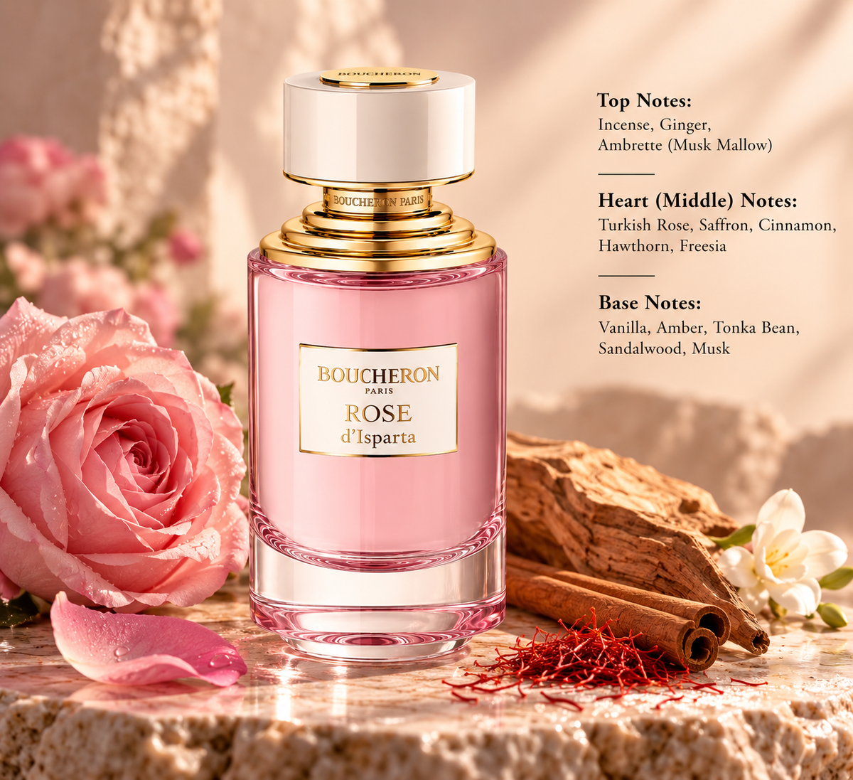 Boucheron Rose d’Isparta perfume bottle displayed with pink rose, saffron, cinnamon and warm woody elements, highlighting its rich floral, spicy, amber, vanilla and musky fragrance profile.