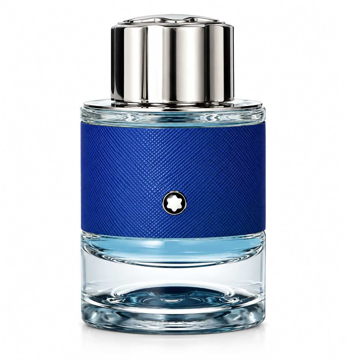 Montblanc Explorer Ultra Blue men’s fragrance in a clear glass bottle with textured deep blue leather-effect detailing, Montblanc emblem and polished silver cap, photographed on a clean white background.