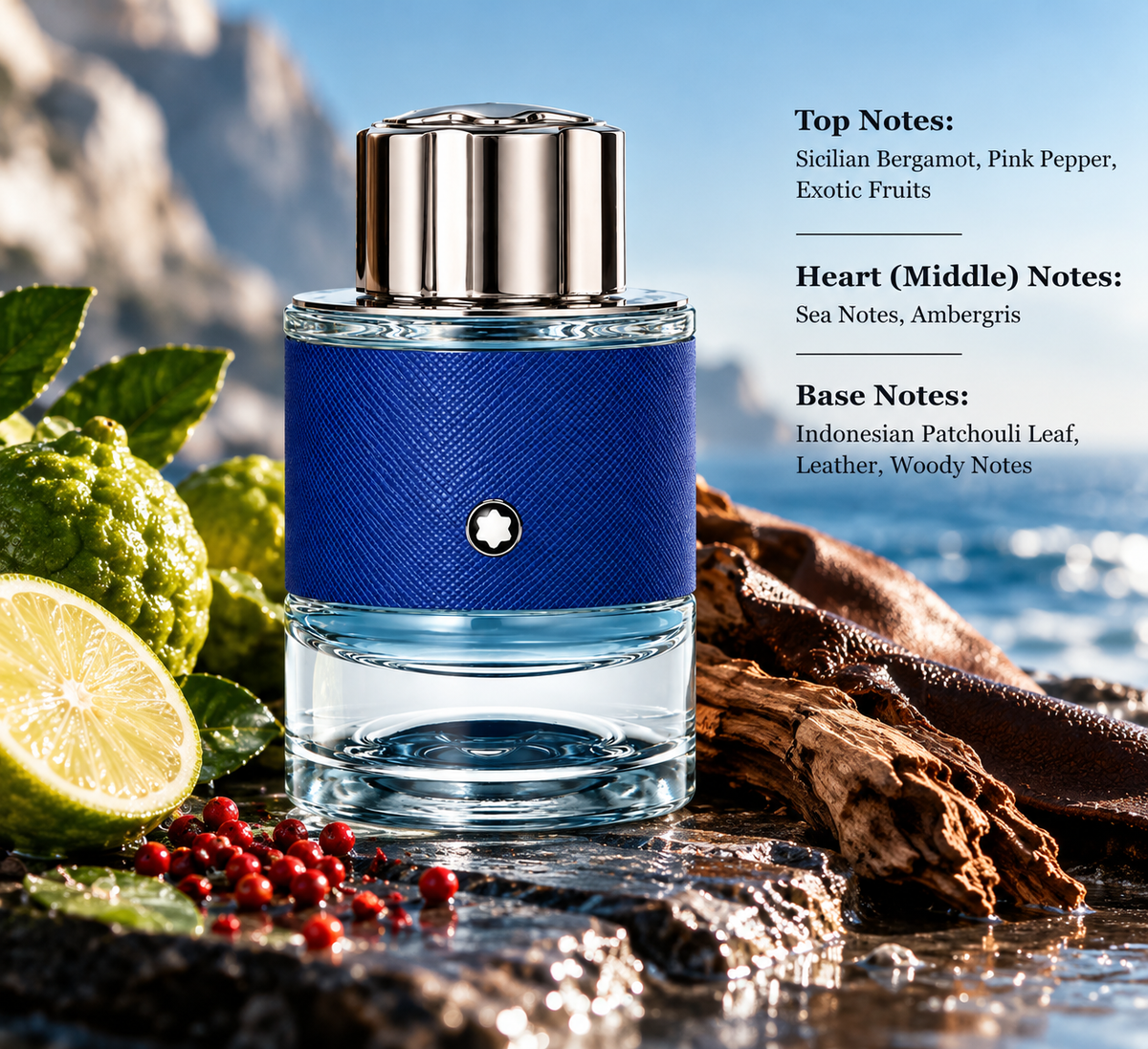 Montblanc Explorer Ultra Blue men’s fragrance presented with bergamot, pink pepper, woody and marine-inspired accents, highlighting its fresh, aquatic, citrus and sophisticated masculine scent profile.