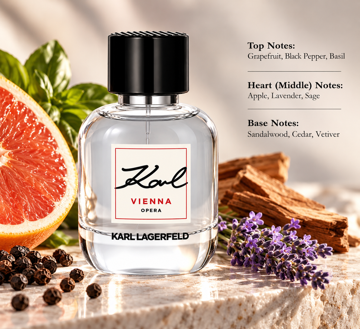 Karl Lagerfeld Vienna Opera perfume in an elegant aromatic setting with grapefruit, black pepper, lavender and warm woods, reflecting its fresh citrus, spicy, herbal and woody fragrance profile.