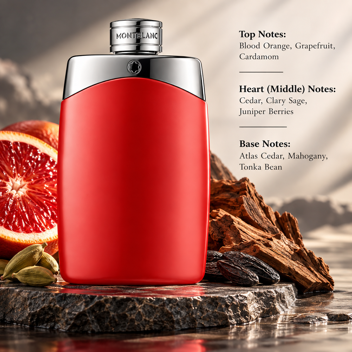 Montblanc Legend Red men’s fragrance styled with blood orange, cardamom, cedarwood and tonka bean, reflecting its vibrant citrus, aromatic and warm woody scent profile.
