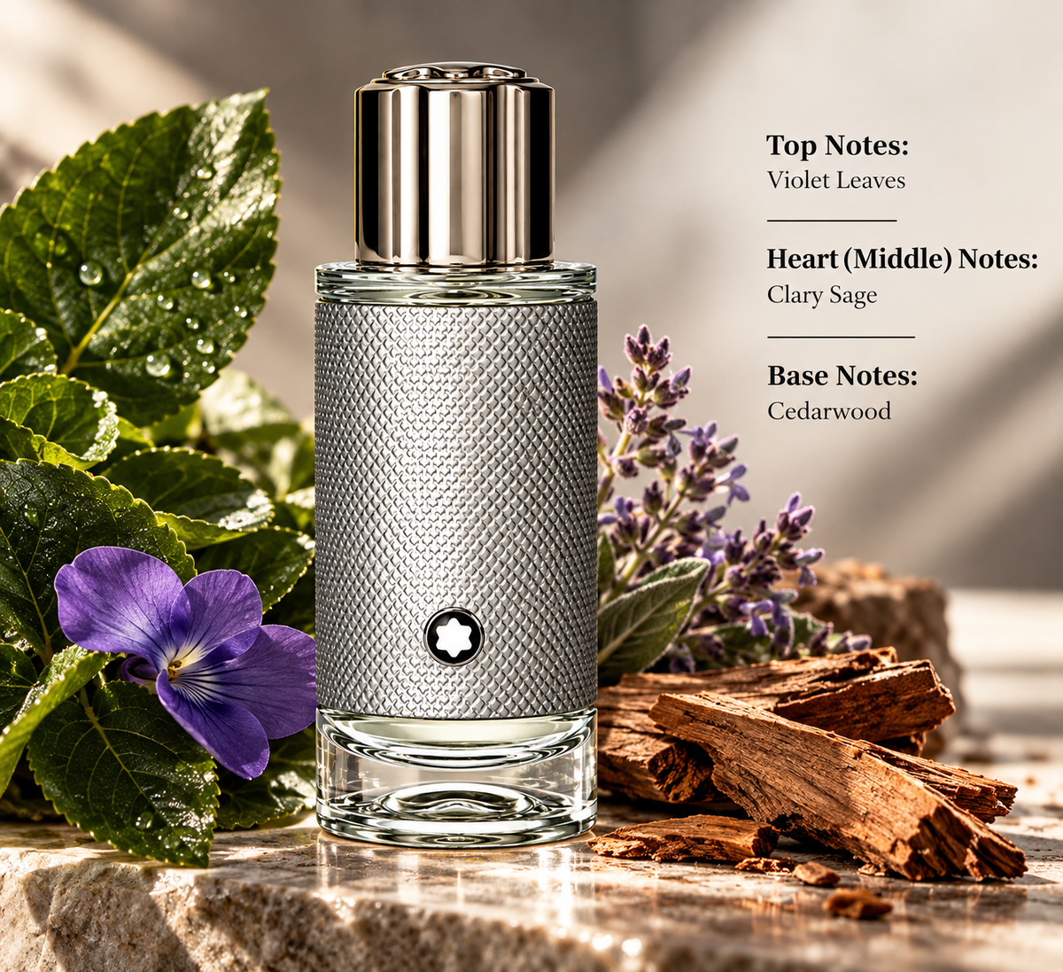 Montblanc Explorer Platinum men’s fragrance presented with violet leaves, clary sage and cedarwood accents, highlighting its fresh, aromatic, green and woody masculine scent profile in an elegant natural setting.