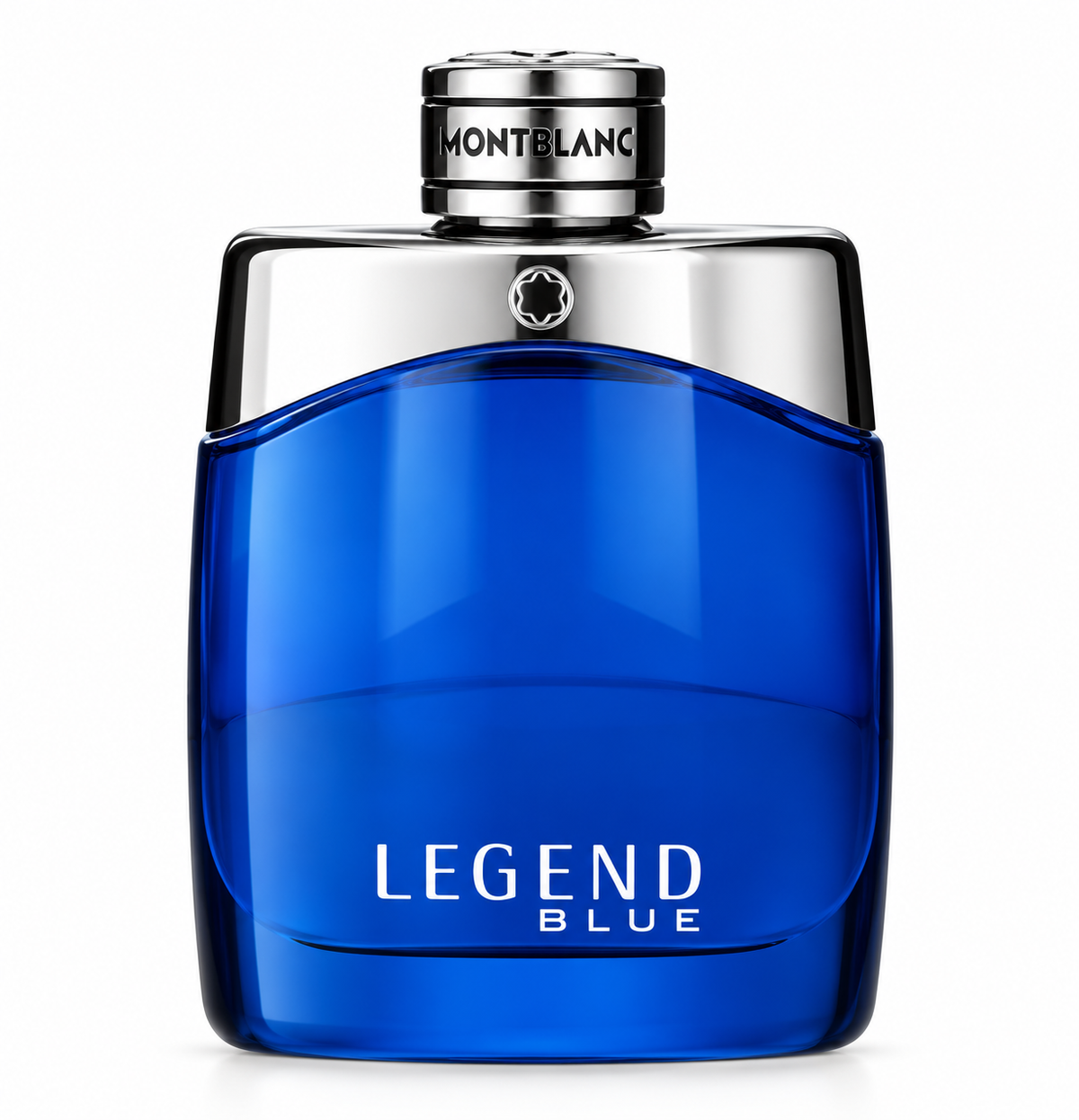 Montblanc Legend Blue men’s fragrance in a striking deep blue glass bottle with polished silver detailing, Montblanc emblem and branded cap, photographed on a clean white background.