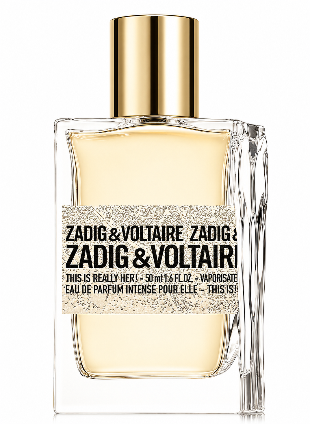 Zadig & Voltaire This Is Really Her! Eau de Parfum Intense in a sleek transparent glass bottle, featuring warm golden fragrance, a polished gold cap and the brand’s distinctive graphic label.