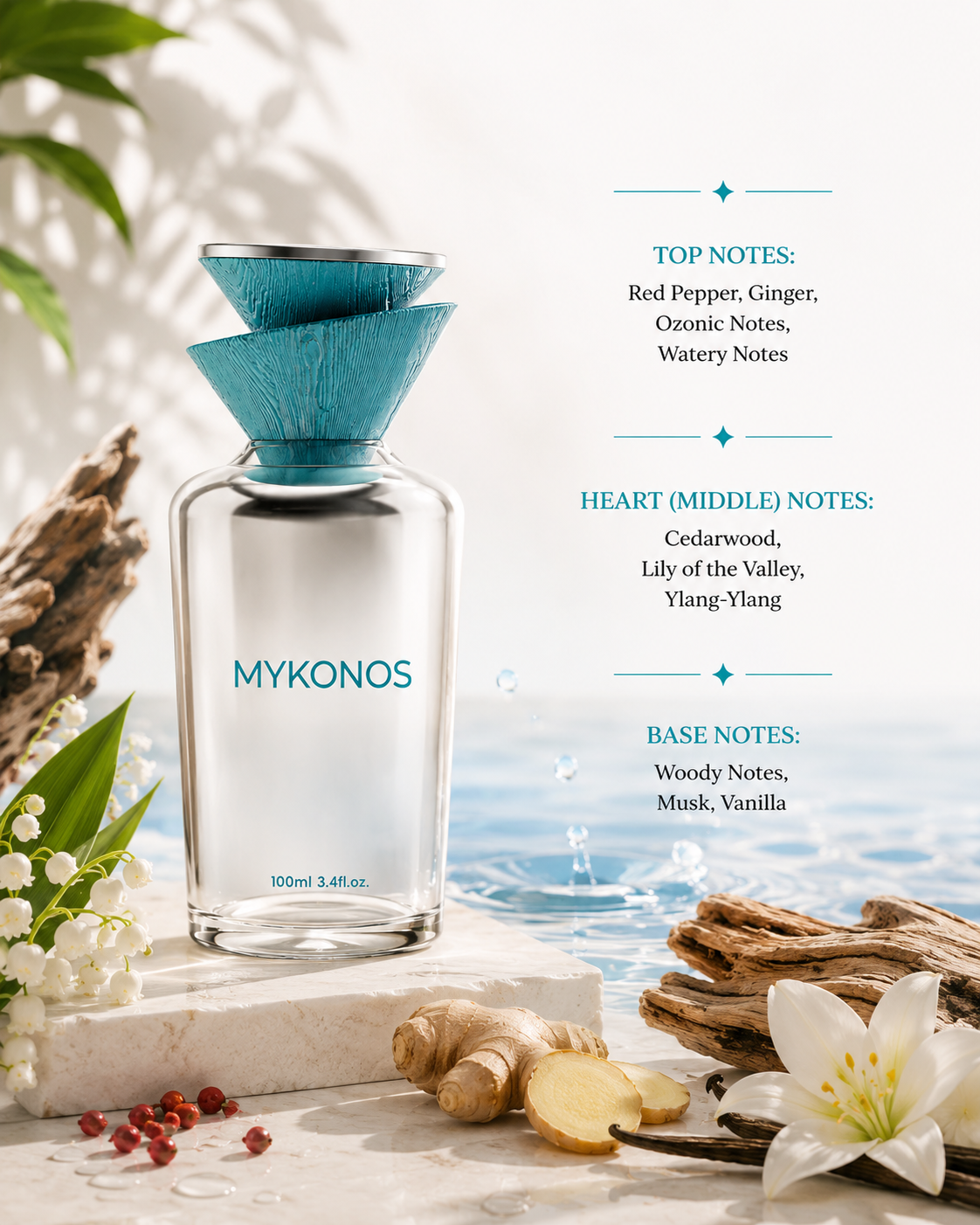 Mykonos Glitch Eau de Parfum displayed with red pepper, fresh ginger, lily of the valley, vanilla, driftwood and watery elements, highlighting its fresh aquatic, spicy and woody fragrance profile.