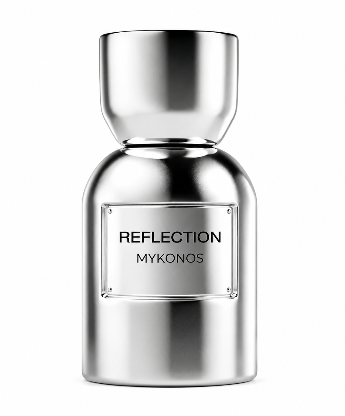 Mykonos Reflection Extrait de Parfum in a sleek metallic silver bottle with a minimalist silver label, isolated on a clean white background.