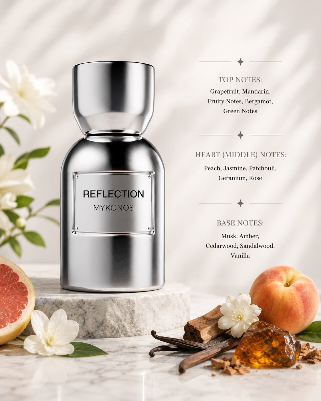 Mykonos Reflection Extrait de Parfum displayed with grapefruit, mandarin, peach, jasmine blossoms, vanilla pods, sandalwood, cedarwood and amber resin, reflecting its fresh fruity opening, elegant floral heart and warm woody-musky base.