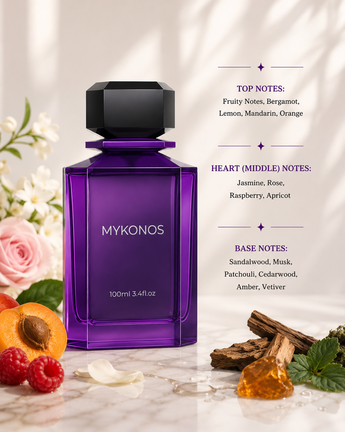 Mykonos Penthouse Extrait de Parfum presented with bergamot, citrus fruits, raspberry, apricot, rose, sandalwood, amber and cedarwood, showcasing its vibrant fruity-floral fragrance with a warm woody base.