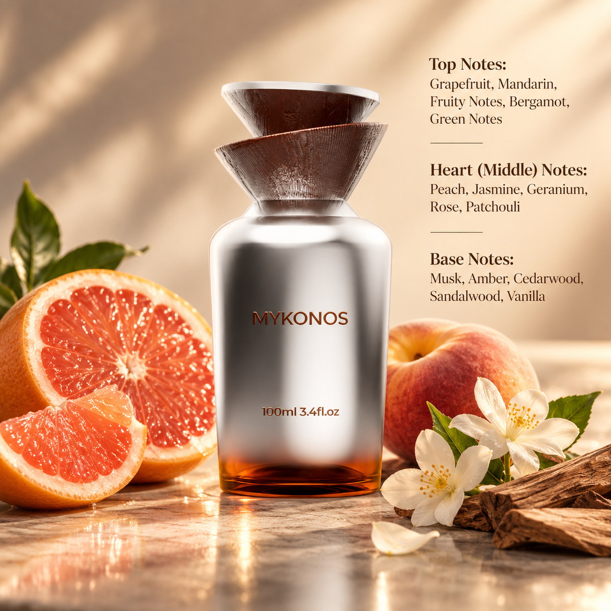 Mykonos Reflection 100ml Eau de Parfum in an elegant silver bottle with a sculptural brown cap and amber accents, surrounded by fresh grapefruit, juicy peach, delicate jasmine flowers and sandalwood. Warm golden lighting highlights this sophisticated fruity floral woody fragrance with citrus, musk, amber and vanilla notes.