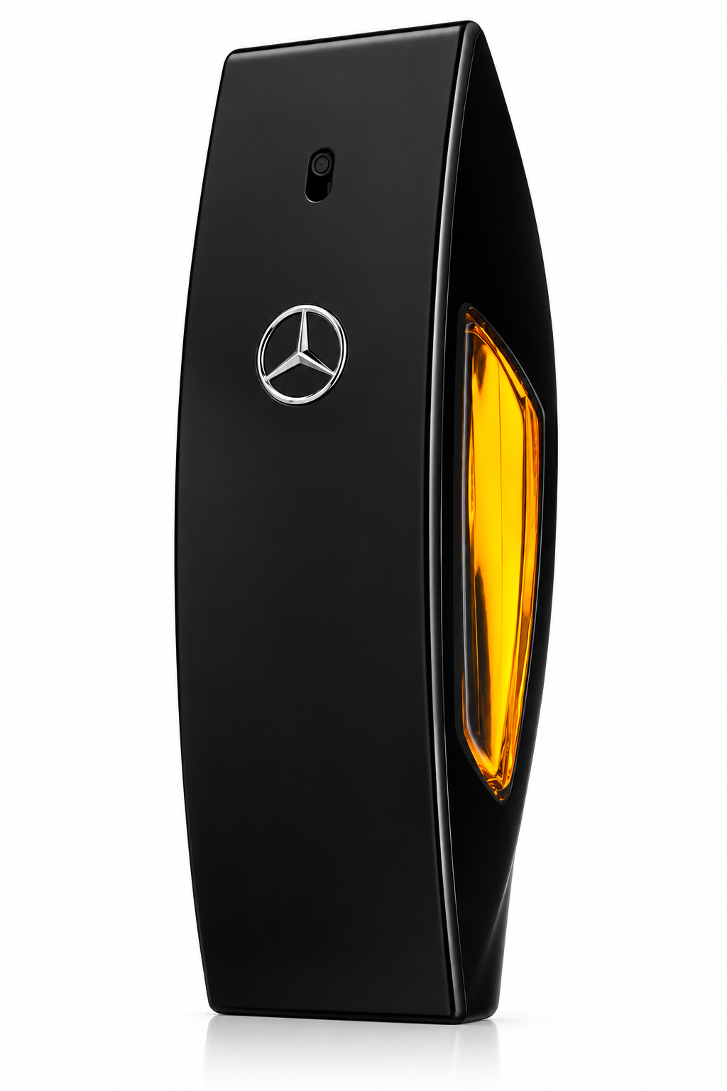 Mercedes-Benz fragrance for men in a sleek sculptural matte black bottle with the iconic silver Mercedes-Benz star and a warm amber-colored side window, photographed on a clean white background.