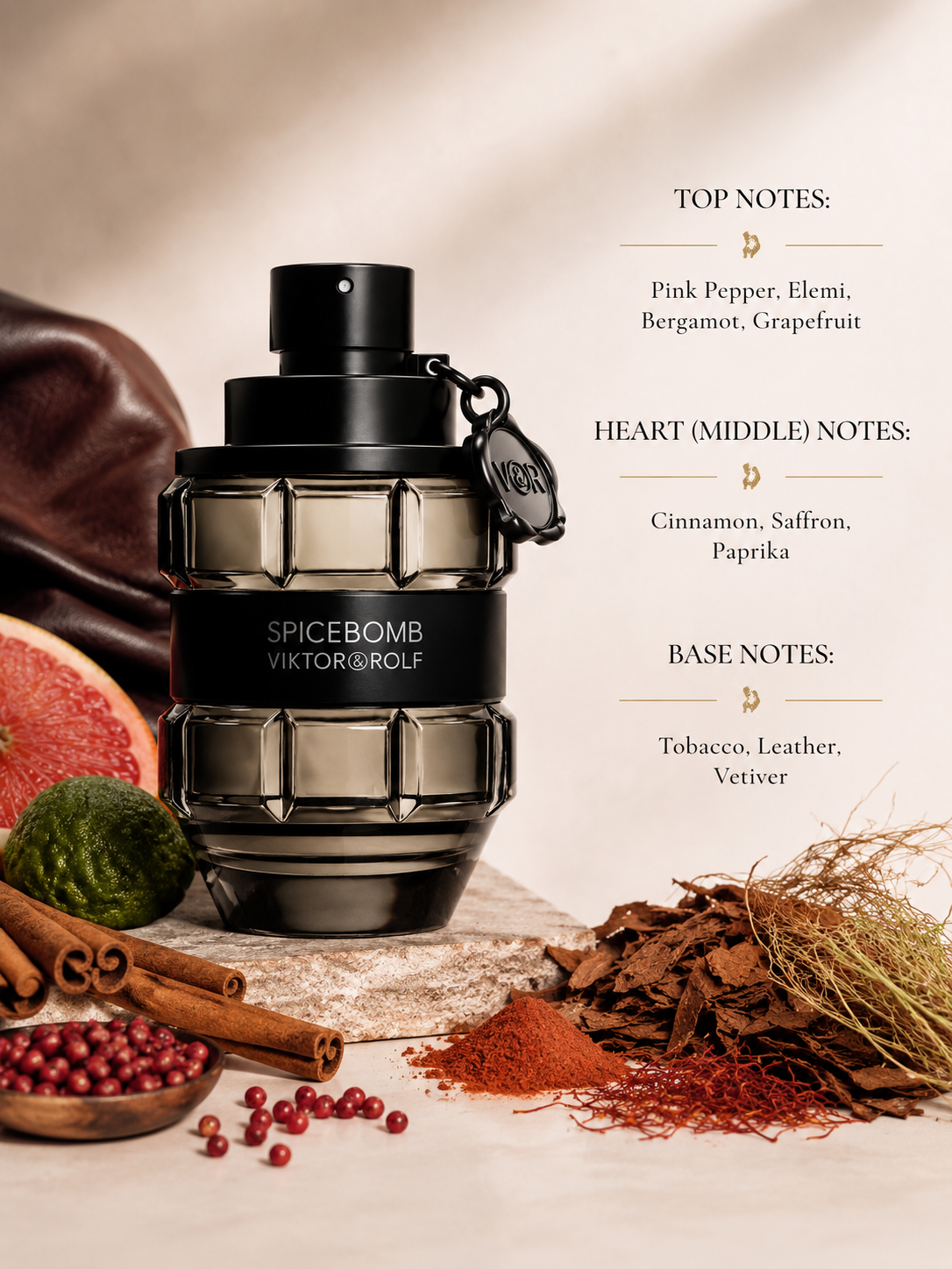 Viktor & Rolf Spicebomb Eau de Toilette displayed on a natural stone surface in warm golden light, surrounded by vibrant pink peppercorns, elemi resin, fresh bergamot, juicy grapefruit, aromatic cinnamon sticks, saffron threads, rich paprika powder, dark tobacco leaves, smooth leather, and earthy vetiver roots. Soft shadows and warm amber tones create a sophisticated, powerful atmosphere that reflects the fragrance's spicy, woody and masculine character.