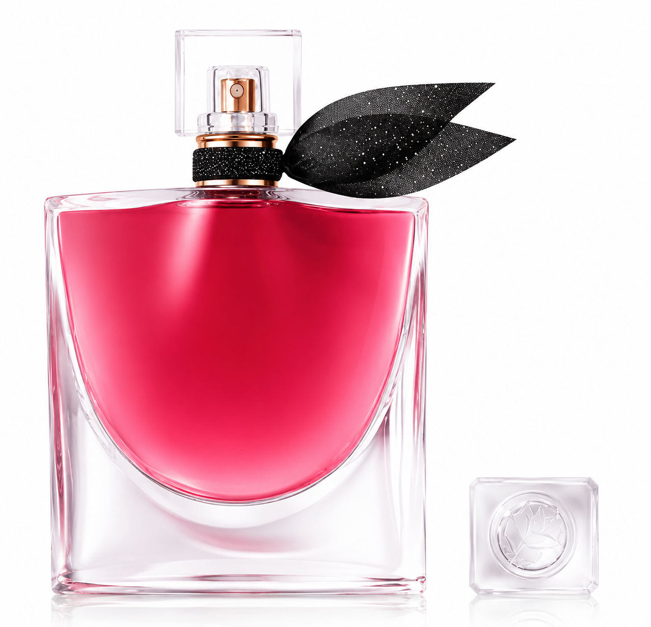 Lancôme La Vie Est Belle L'Extrait Eau de Parfum bottle isolated on a white background, featuring the iconic smile-inspired crystal glass bottle filled with deep ruby-pink fragrance, a transparent square cap, and a black shimmering organza ribbon around the neck.