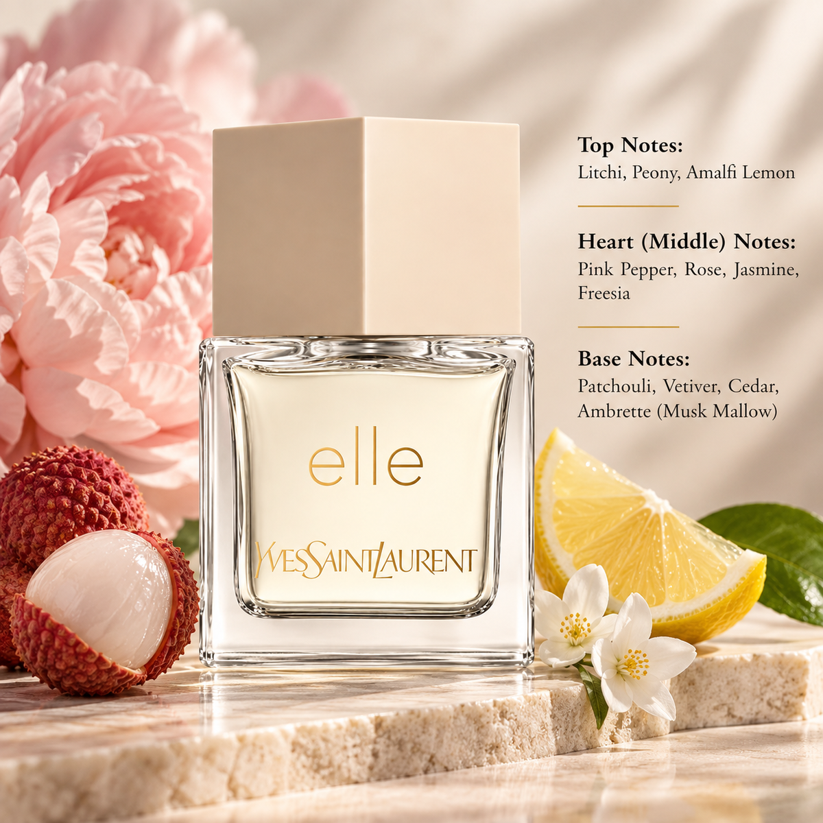 Yves Saint Laurent Elle 80ml EDP for Women presented in an elegant feminine composition inspired by its fruity floral fragrance profile, featuring litchi, peony and Amalfi lemon, a floral heart of rose, jasmine and freesia with pink pepper, and a sophisticated woody base of patchouli, vetiver, cedar and ambrette.