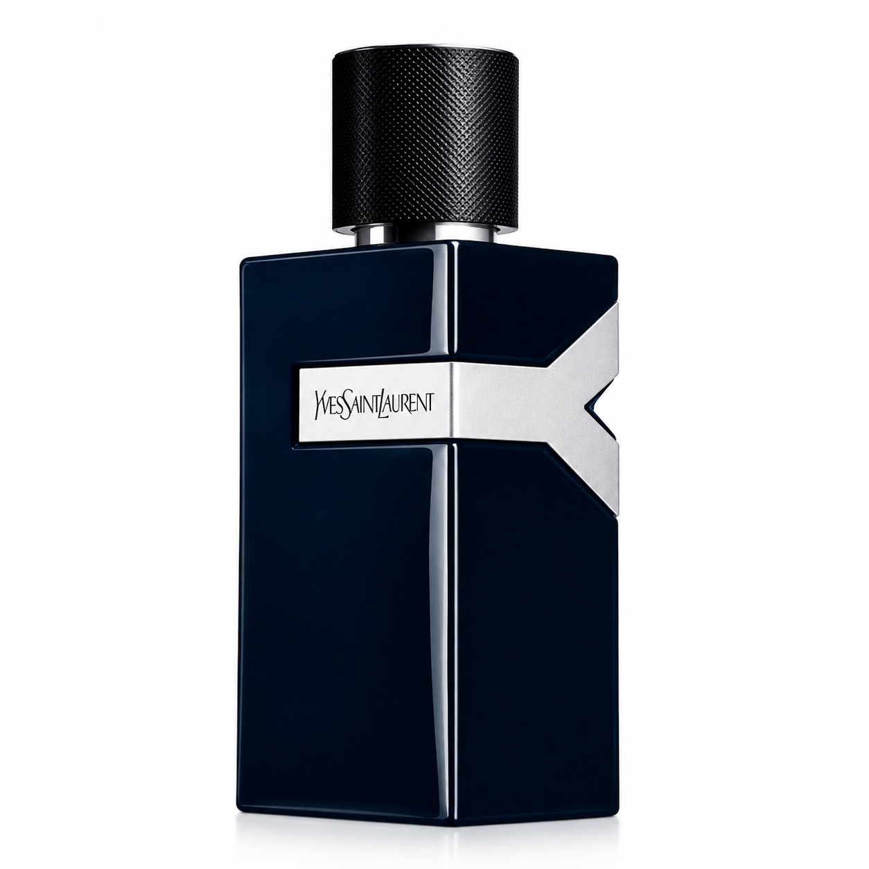 Yves Saint Laurent Y Le Parfum bottle isolated on a white background, featuring a sleek midnight navy rectangular bottle with sharp edges, a bold silver Y-shaped metal accent across the front, and a textured black cylindrical cap, reflecting the fragrance's refined, intense, and masculine character.