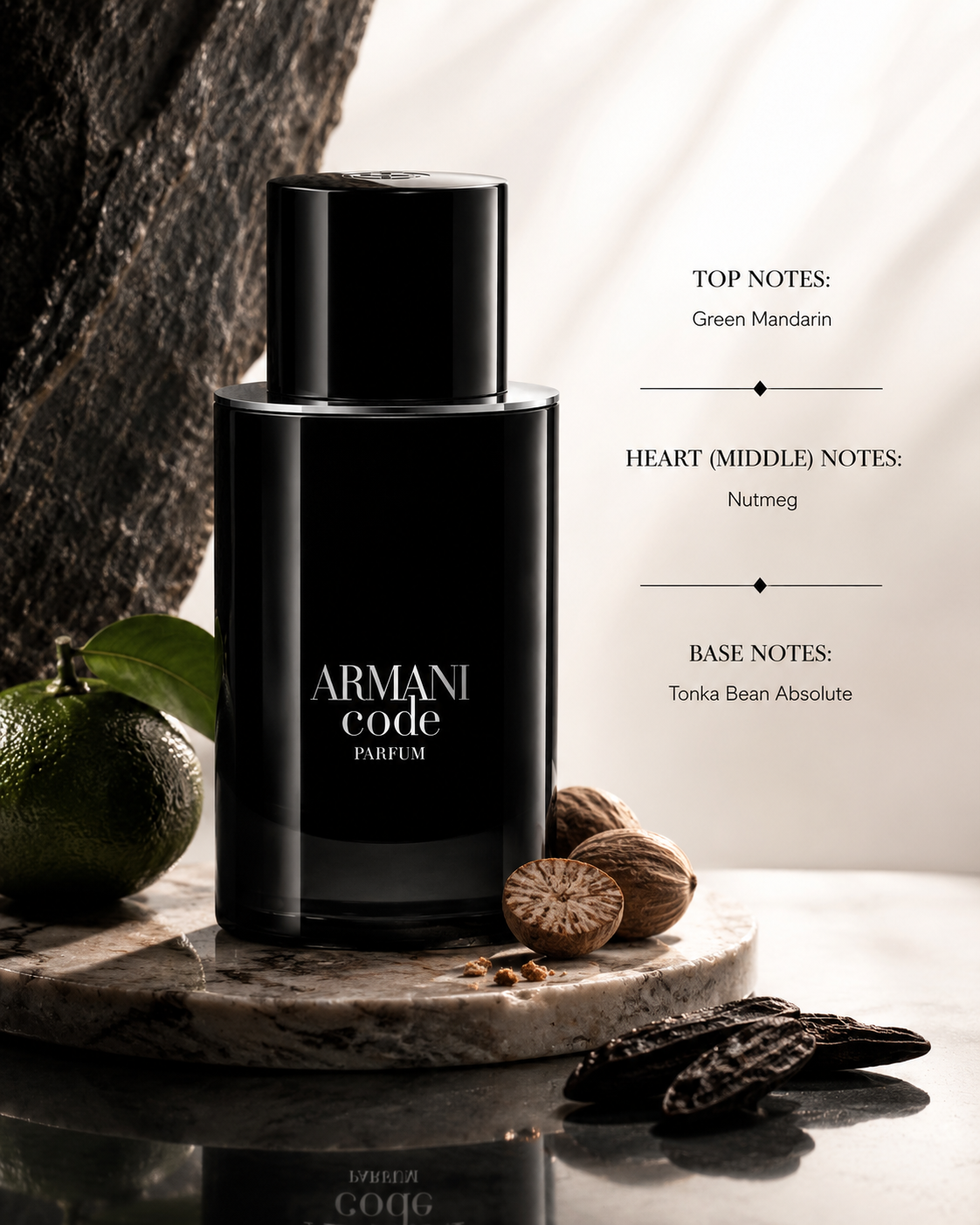 Armani Code Parfum bottle in matte black glass, styled on a marble slab with citrus and spices, next to text detailing the fragrance's top, middle, and base notes.
