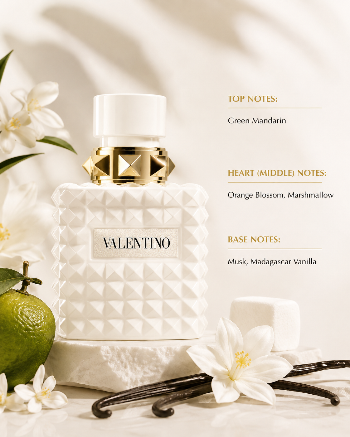 Valentino Born in Roma Ivory Eau de Parfum presented in a soft, luminous setting with green mandarin, orange blossom, marshmallow, vanilla and musk, reflecting its creamy floral-gourmand character.