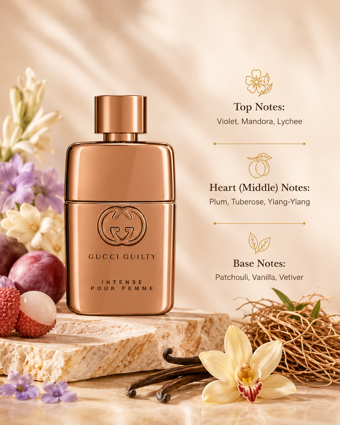 Gucci Guilty Intense Pour Femme Eau de Parfum displayed with fragrance notes, surrounded by lychee, plum, violet flowers, tuberose, ylang-ylang orchid, vanilla pods, patchouli roots, and vetiver, highlighting its rich fruity floral and warm woody composition.