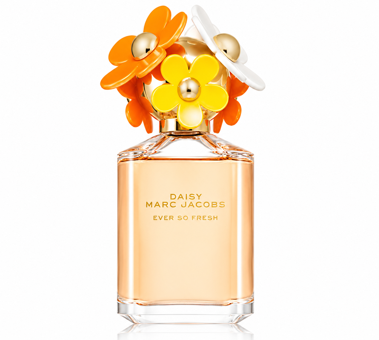 Marc Jacobs Daisy Ever So Fresh Eau de Parfum in a warm golden-orange glass bottle with a playful cap decorated with orange, yellow and white daisies, photographed on a clean white background.