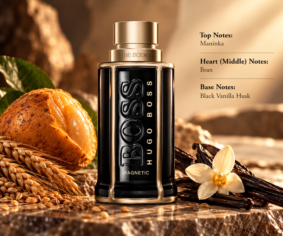 Hugo Boss The Scent Magnetic Eau de Parfum for men, featuring an elegant black and gold perfume bottle surrounded by maninka fruit, golden wheat, vanilla flowers and vanilla pods on a luxurious marble surface with warm lighting.