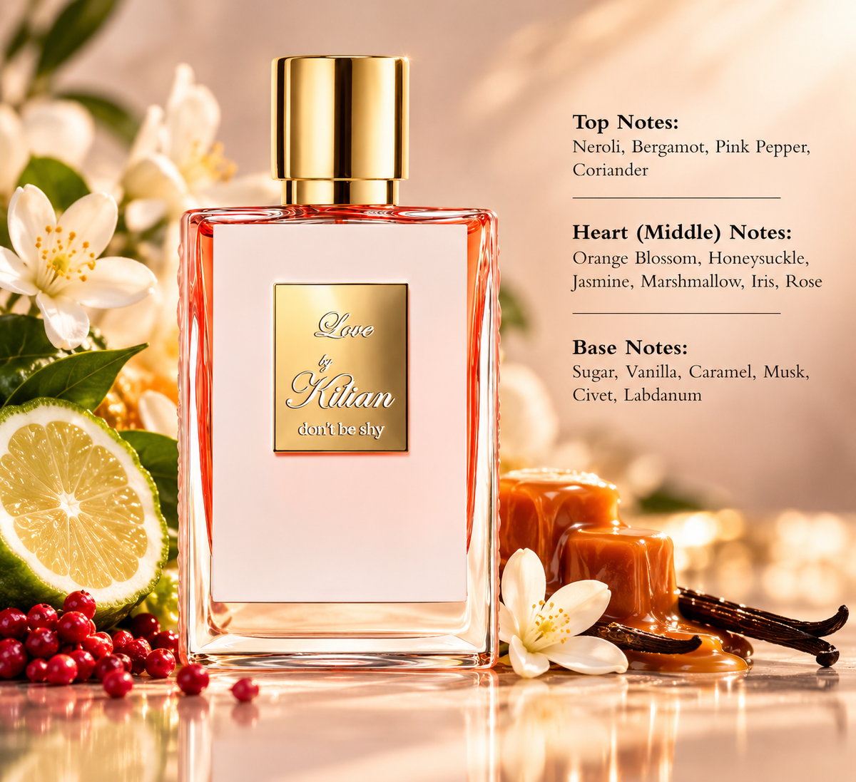 Kilian Love, Don’t Be Shy perfume in a warm elegant setting with orange blossom, bergamot, caramel and vanilla accents, reflecting its sweet floral, gourmand, vanilla and musky fragrance character.