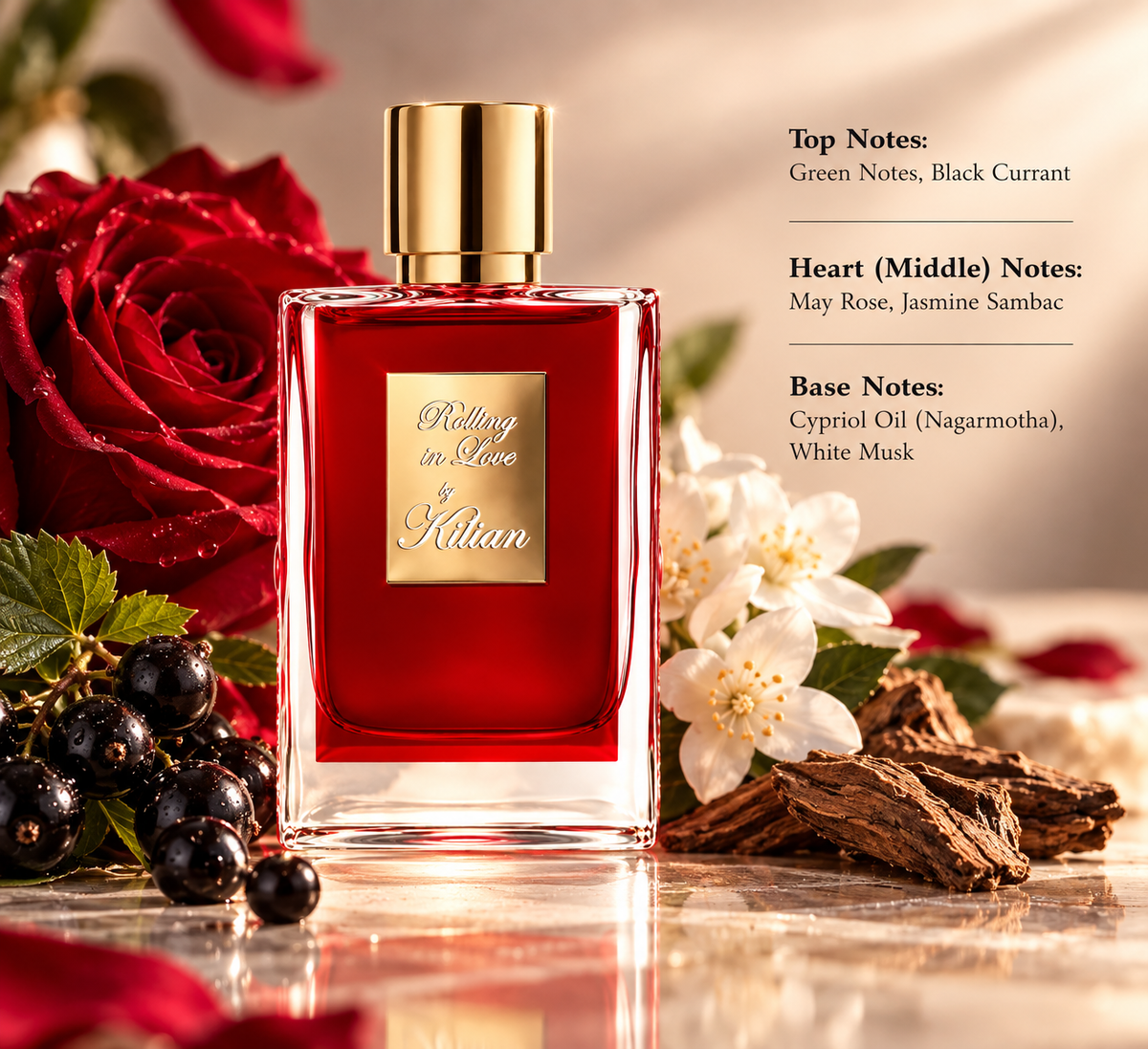 Kilian Rolling in Love perfume in an elegant romantic setting with red rose, black currant and jasmine accents, reflecting its floral, musky, softly woody and sensual fragrance character.