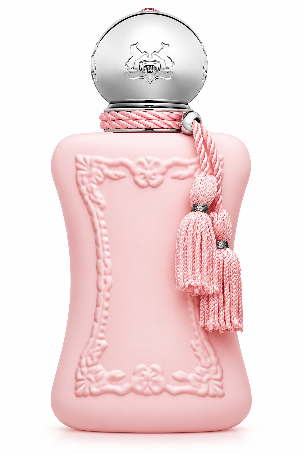 Parfums de Marly Delina perfume in an elegant pastel pink bottle with ornate embossed detailing, silver cap and signature pink tassels, photographed on a clean white background.