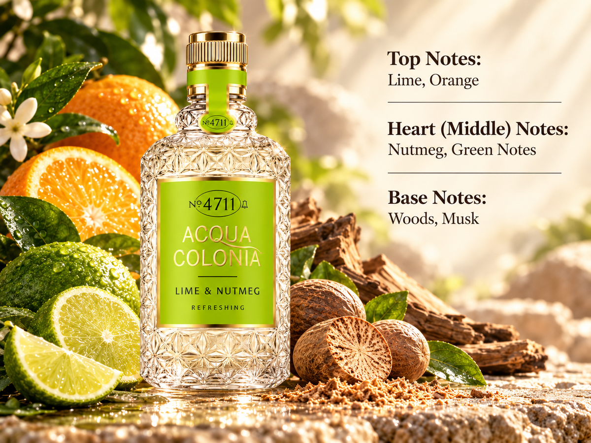 4711 Acqua Colonia Lime & Nutmeg fragrance bottle in a bright, sunlit setting with fresh lime, juicy orange, aromatic nutmeg, green leaves and natural woods, reflecting its refreshing citrus, spicy, green and softly musky scent profile.