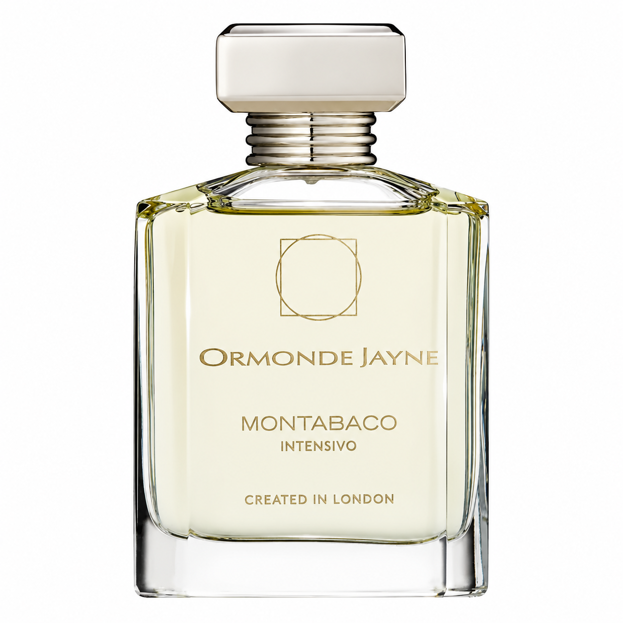 Ormonde Jayne Montabaco Intensivo Eau de Parfum in an elegant clear glass bottle filled with pale golden fragrance, featuring a minimalist design, a refined frosted cap, metallic silver collar, and sophisticated gold lettering, presented on a clean white background. Luxury niche perfume showcased in a high-resolution studio product image.