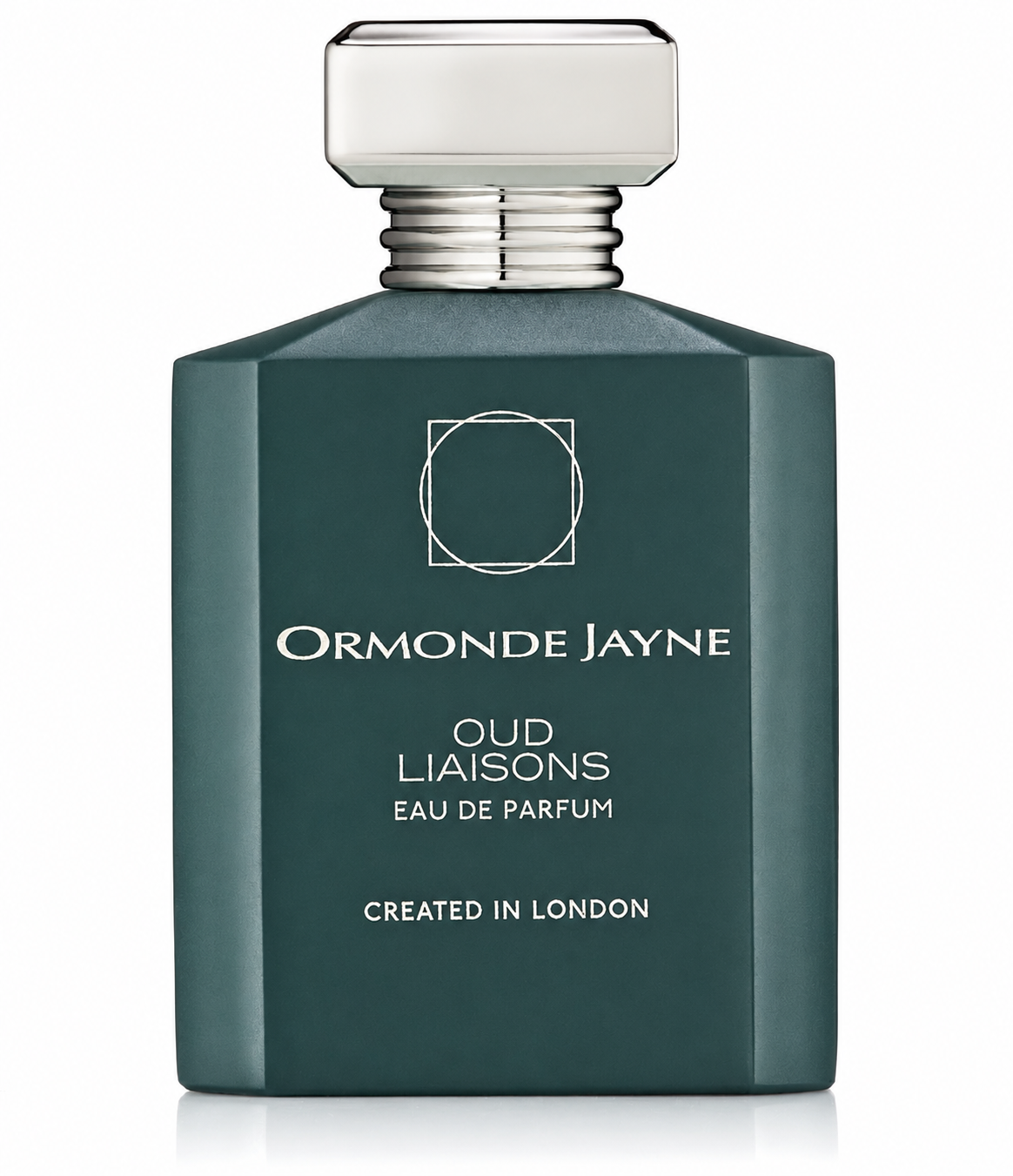 Ormonde Jayne Oud Liaisons Eau de Parfum in an elegant matte deep teal bottle with a refined geometric design, frosted cap, polished silver collar, and sophisticated silver lettering, presented on a clean white background. Luxury niche perfume showcased in a high-resolution studio product image.