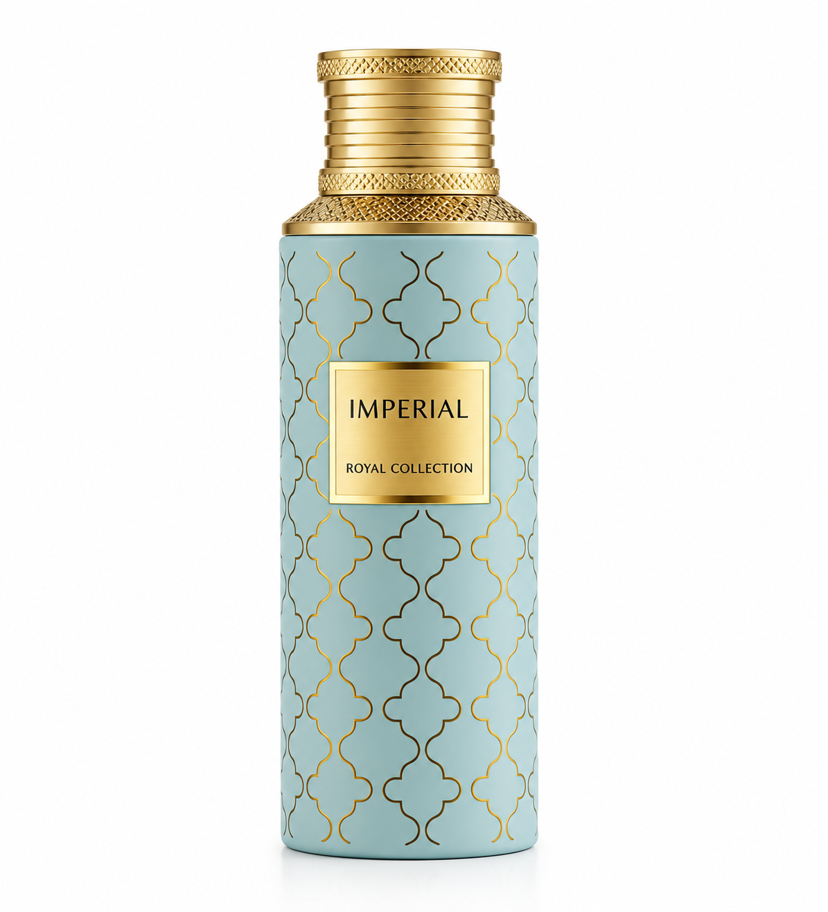 Maison Asrar Imperial Royal Collection 100ml Eau de Parfum featuring an elegant pastel turquoise cylindrical bottle decorated with intricate gold geometric patterns, a luxurious textured gold cap and a central Imperial label. Premium Arabian perfume photographed against a pure white background.