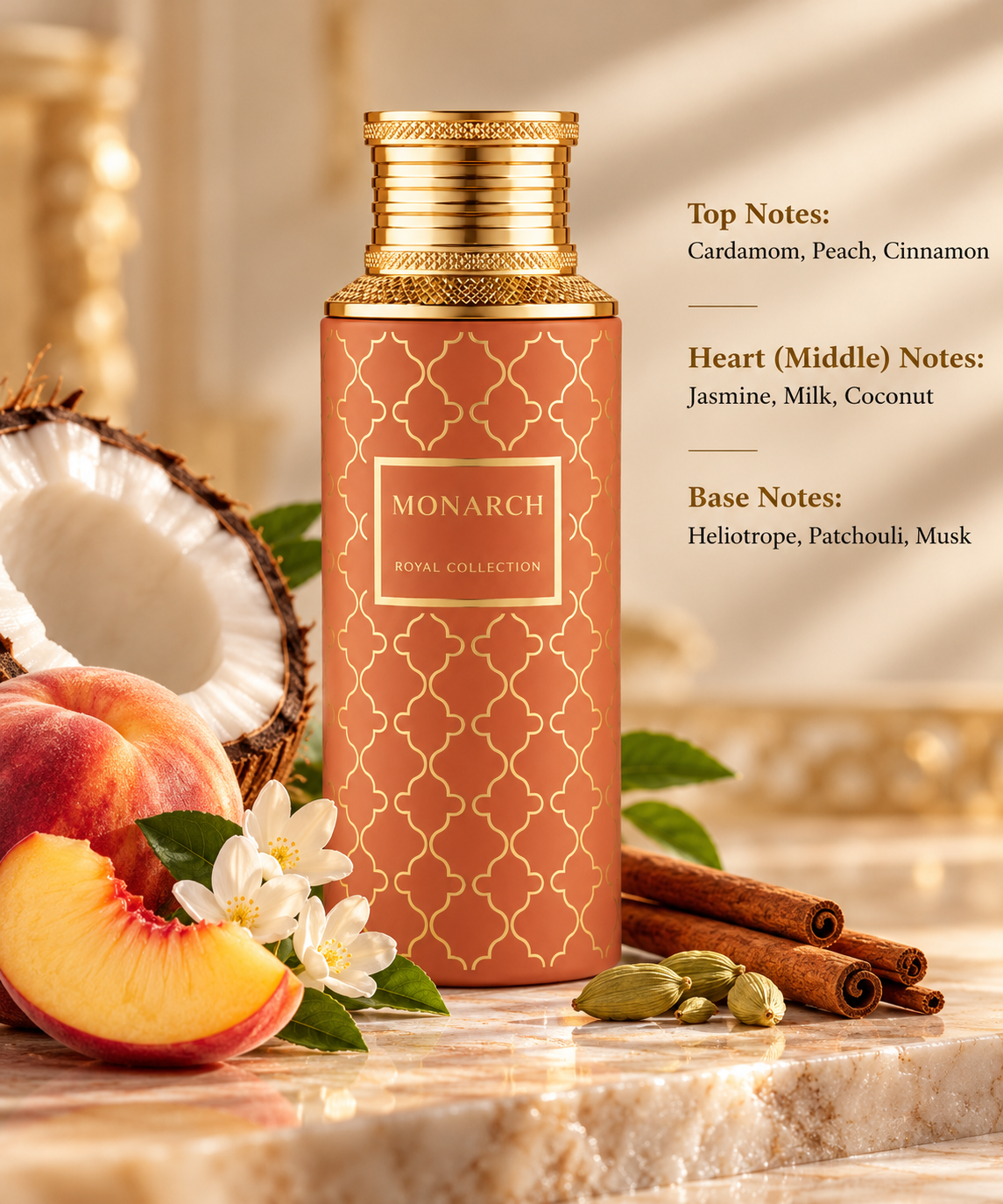 Maison Asrar Monarch Royal Collection 100ml Eau de Parfum displayed on elegant beige marble with fresh peaches, coconut, jasmine flowers, cinnamon sticks and cardamom. A luxurious fruity, creamy and spicy fragrance featuring peach, milk, heliotrope, patchouli and musk in a warm, refined setting.