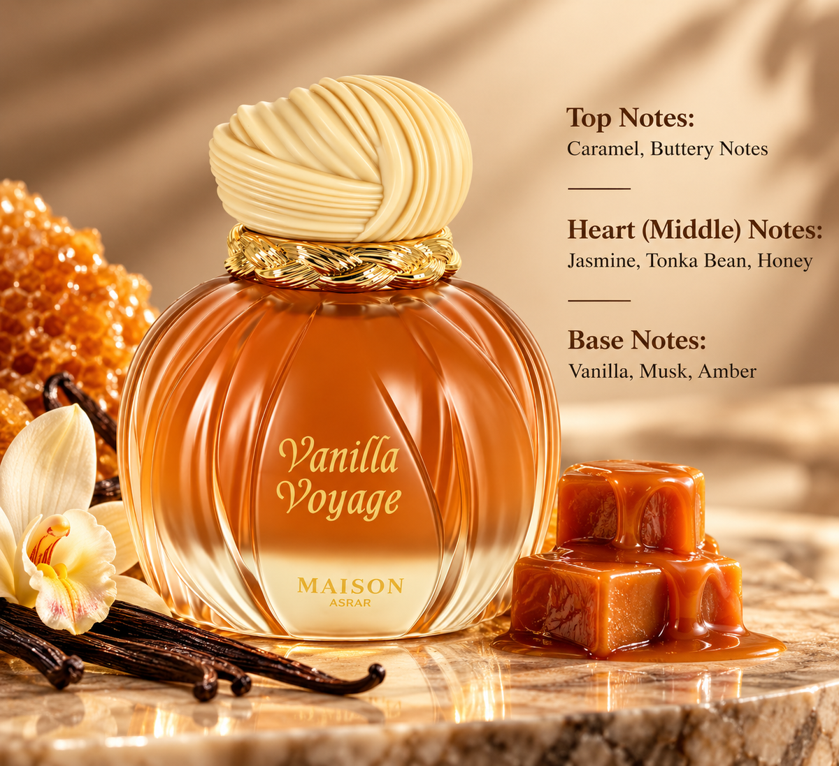 Maison Asrar Vanilla Voyage Eau de Parfum displayed on elegant beige marble with vanilla orchids, vanilla pods, golden honeycomb and rich caramel. A luxurious sweet gourmand fragrance featuring buttery caramel, jasmine, tonka bean, honey, vanilla, musk and amber.